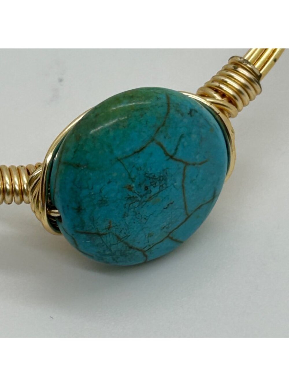 Bohemian Faux Turquoise Gold Tone Wire Wrap Bangle Bracelet Stackable Handmade - Picture 9 of 11